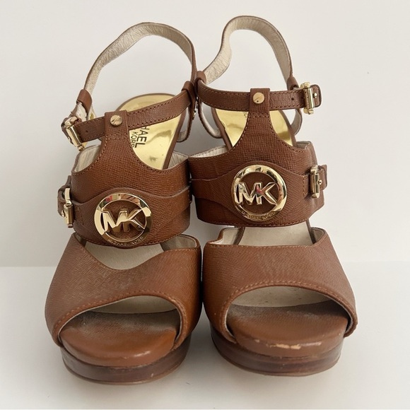 Michael Kors Shoes - Michael Kors Tan Platform Sandals with Gold Logo